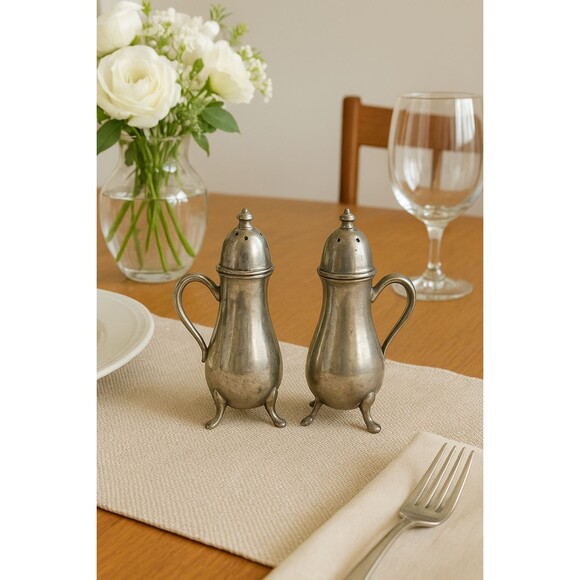 Vintage NS Co Pewter Salt & Pepper Shakers | 1114 | Tripod Footed | 1960s MCM - Picture 1 of 10